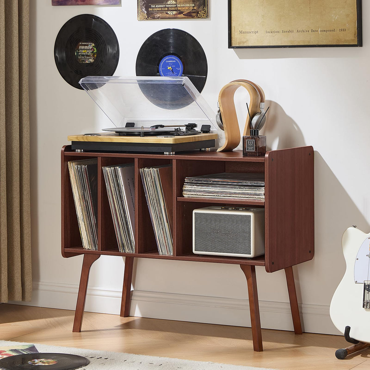 Lerliuo Record Player Stand with 4 Cabinet Holds Up to 220 Albums,Oak