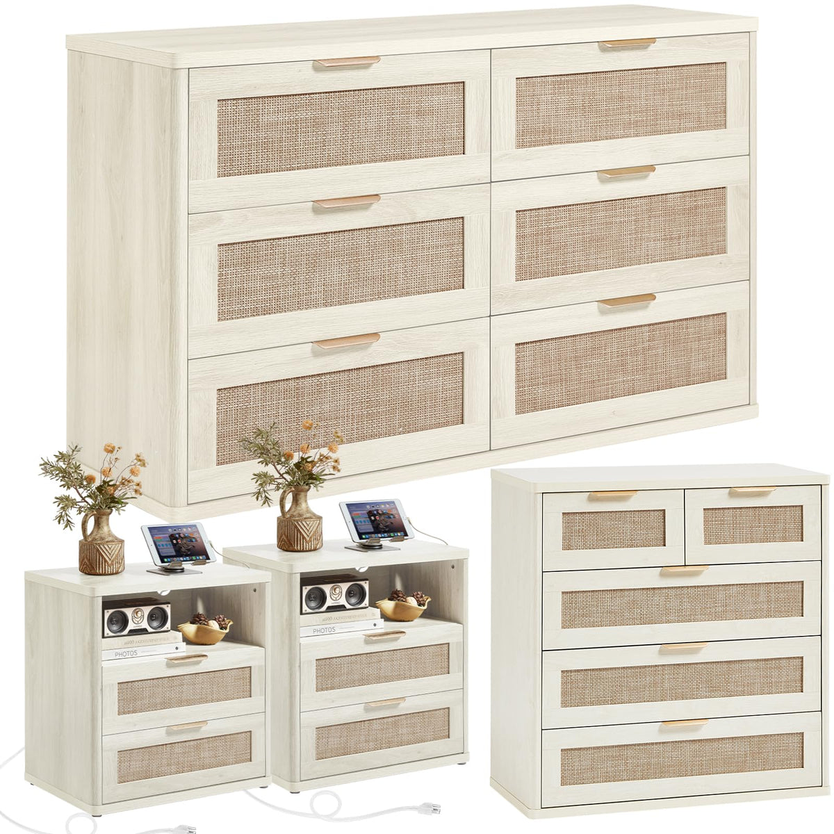 LEYAOYAO Rattan Dresser and Nightstand Sets 4 Piece, Boho Wood Dresser for Bedroom with 6 Drawers and Night Stand with Charging Station, Bedroom Furniture, Dressers & Chests of Drawers, Hallway