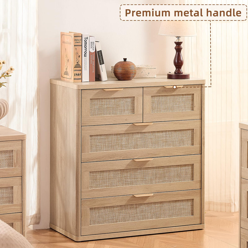 LEYAOYAO Rattan Dresser and Nightstand Sets 4 Piece, Boho Wood Dresser for Bedroom with 6 Drawers and Night Stand with Charging Station, Bedroom Furniture, Dressers & Chests of Drawers, Hallway