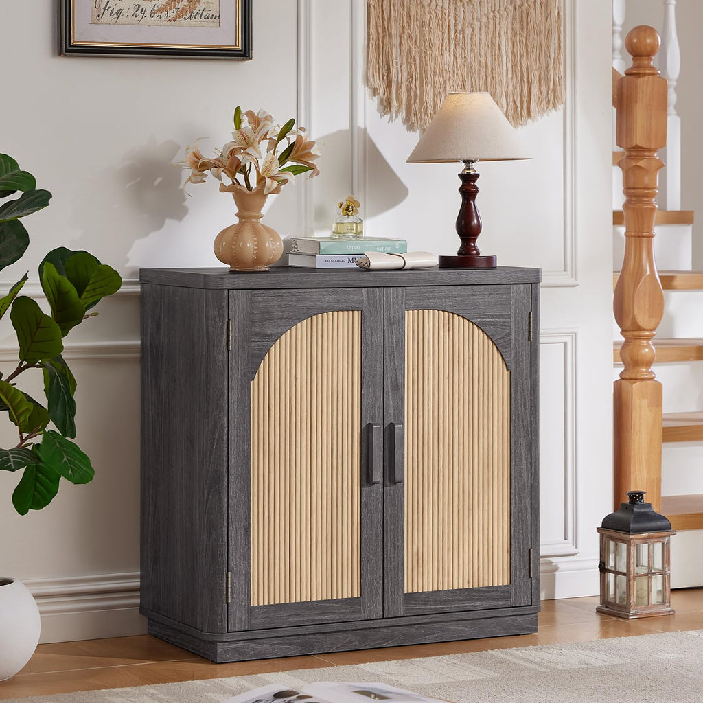 LEYAOYAO Fluted Buffet Cabinet with Storage, 31.5" Coffee Bar Cabinet with Arch Doors & Adjustable Shelves, Mid Century Modern Sideboard, Wood Credenza for Kitchen, Living Room, Natural