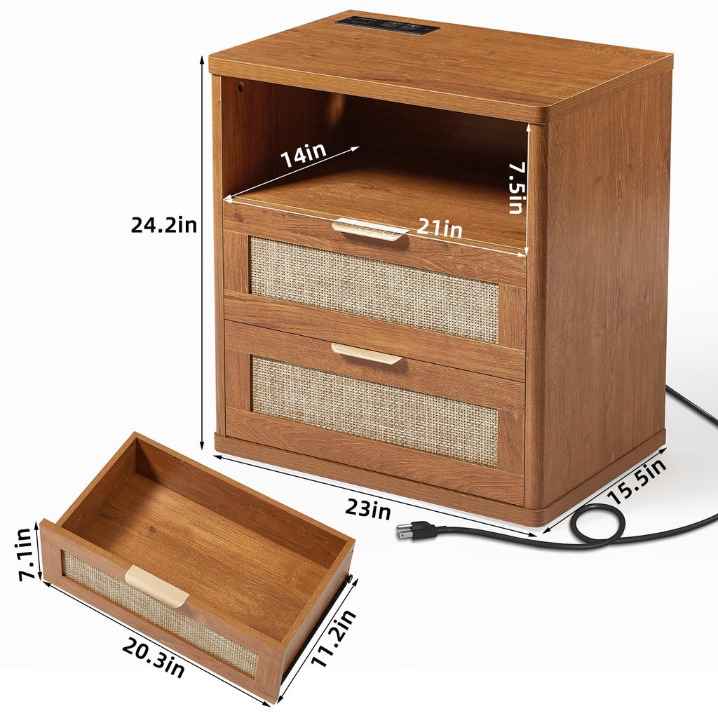 Lerliuo Rattan NightStand with Charger Station, 23" Wide Boho Bedside Table with Drawers, Natural Wood Night Stand Open Storage Cabinet, Bed Side End Table Dresser for Living Room, Hallway, Bedroom