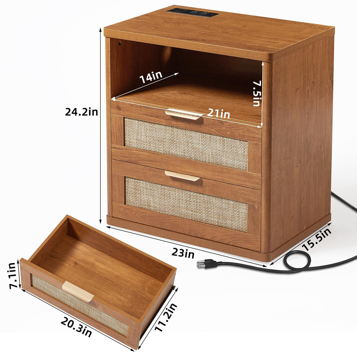 Lerliuo Rattan NightStand with Charger Station, 23" Wide Boho Bedside Table with Drawers, Natural Wood Night Stand Open Storage Cabinet, Bed Side End Table Dresser for Living Room, Hallway, Bedroom