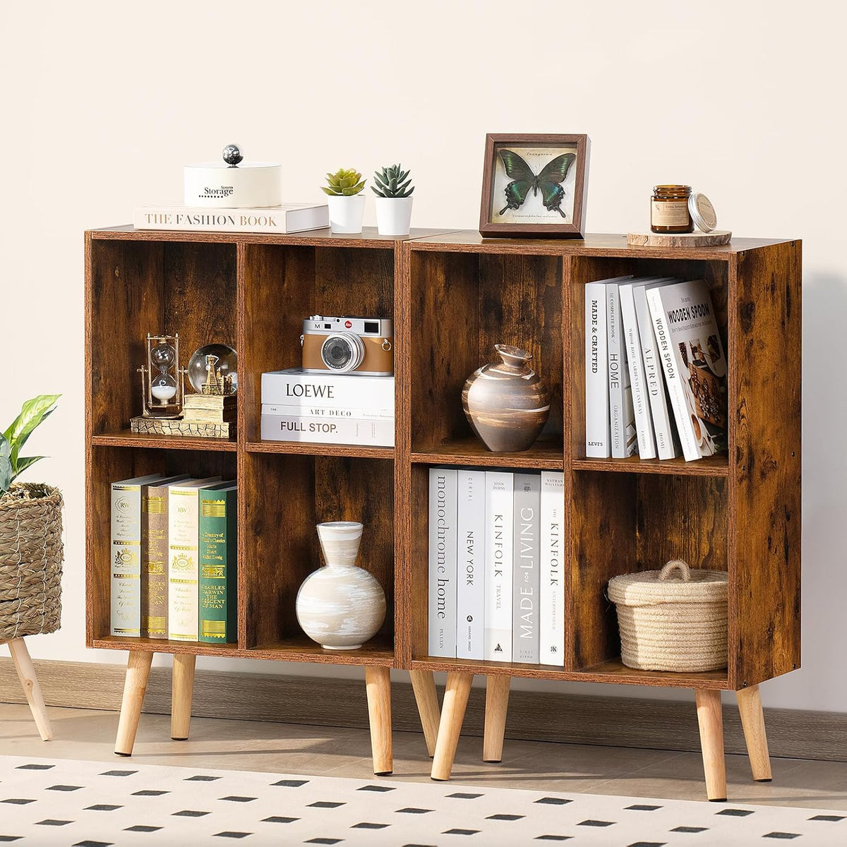 LEYAOYAO 4 Cube Bookshelf, 2-Tier Bookcase with Legs, Brown Kids Book Shelf Cute Storage Organizer, Free Standing Open Toy Shelves Modern Bookshelves,Wood Display Bookcases for Bedroom,Living Room