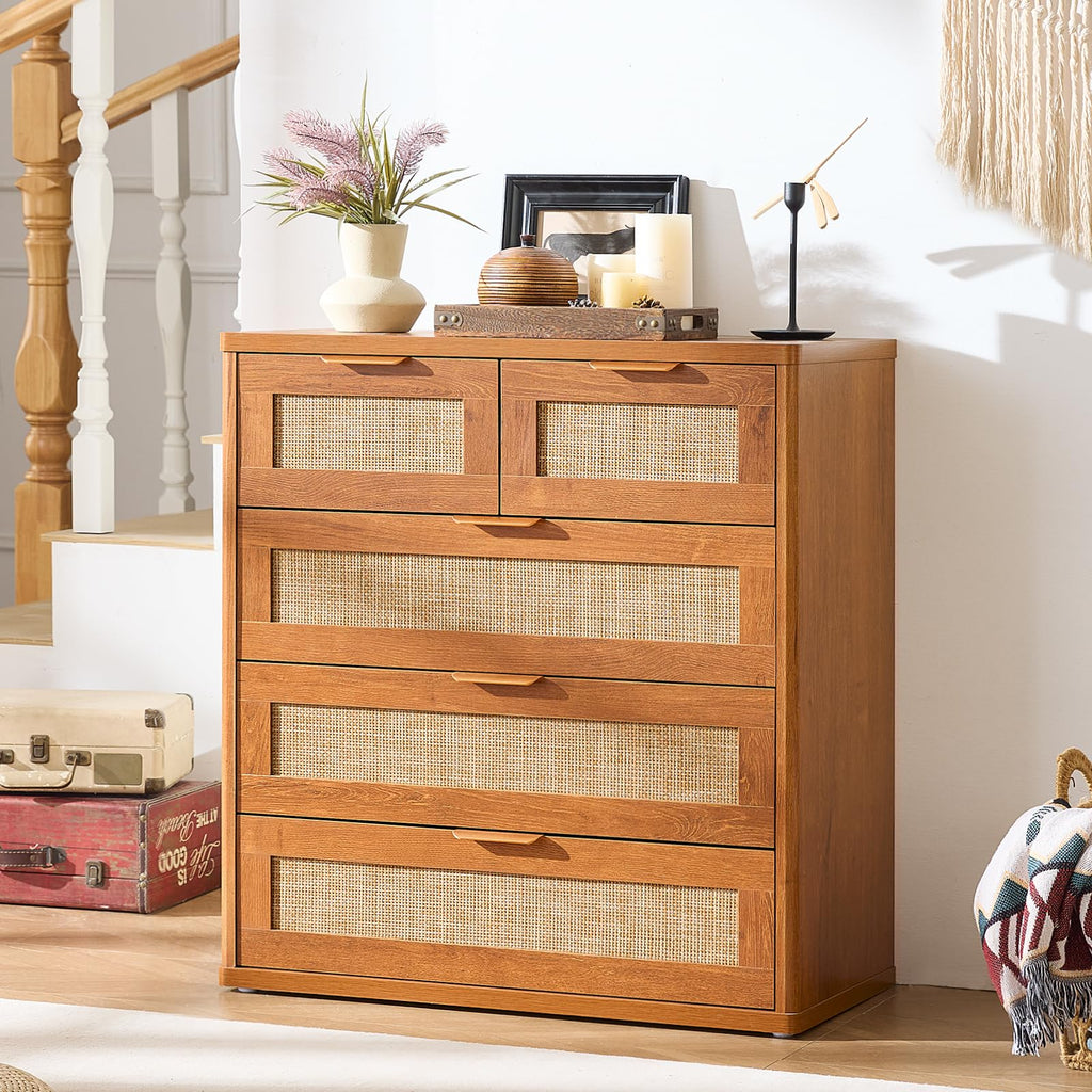 LEYAOYAO Rattan Bedroom Dresser Set of 2, Boho Wood 48" Wide 6 Drawers Dresser for Bedroom and 31.5" Tall 5 Drawers Dressers, Bedrooms Furniture, Dressers & Chests of Drawers, Living Room, Hallway