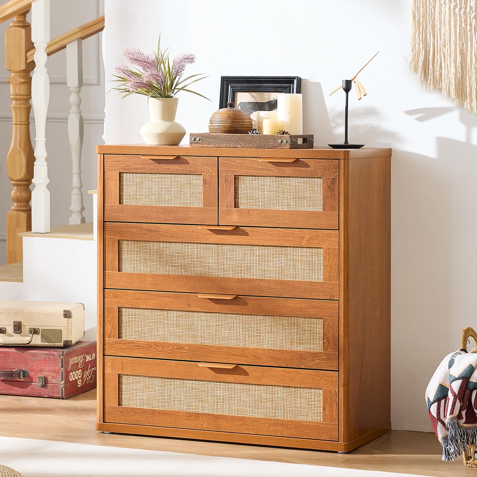 LEYAOYAO Rattan Bedroom Dresser Set of 2, Boho Wood 48" Wide 6 Drawers Dresser for Bedroom and 31.5" Tall 5 Drawers Dressers, Bedrooms Furniture, Dressers & Chests of Drawers, Living Room, Hallway