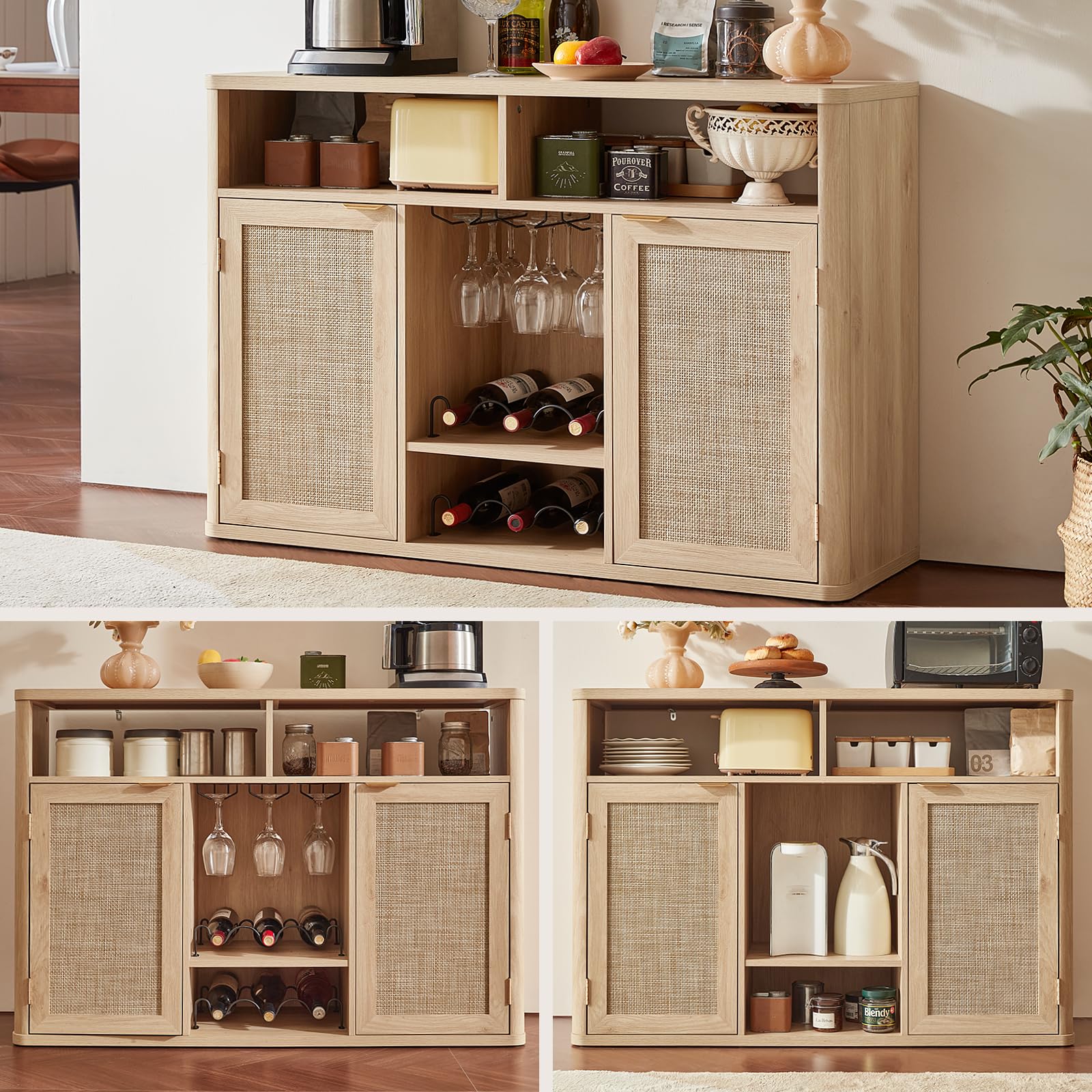 Lerliuo Rattan Wine Bar Cabinet with 2 Doors, Walnut
