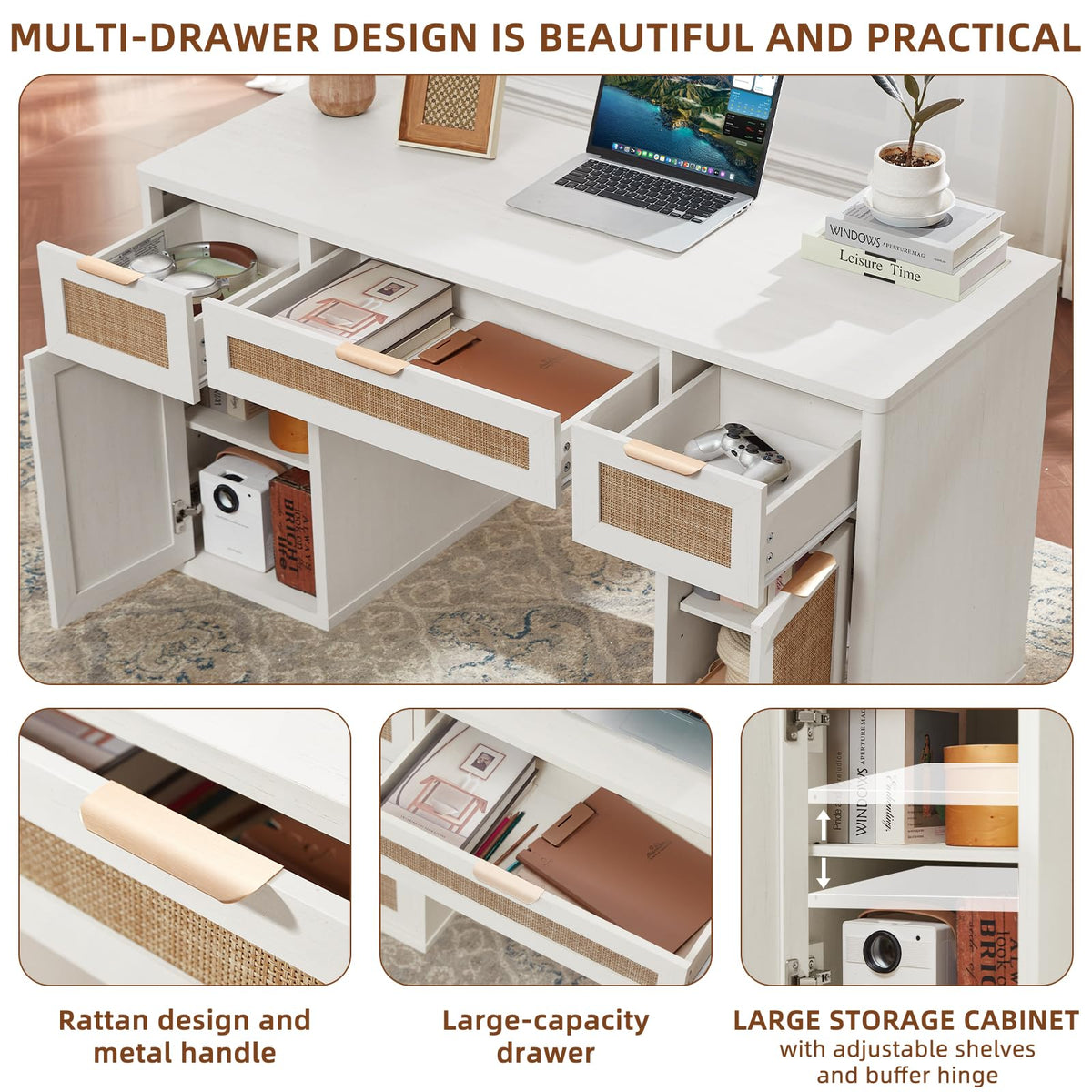LEYAOYAO Office Desk 56" with 5 Drawers Storage File Cabinet, Natural