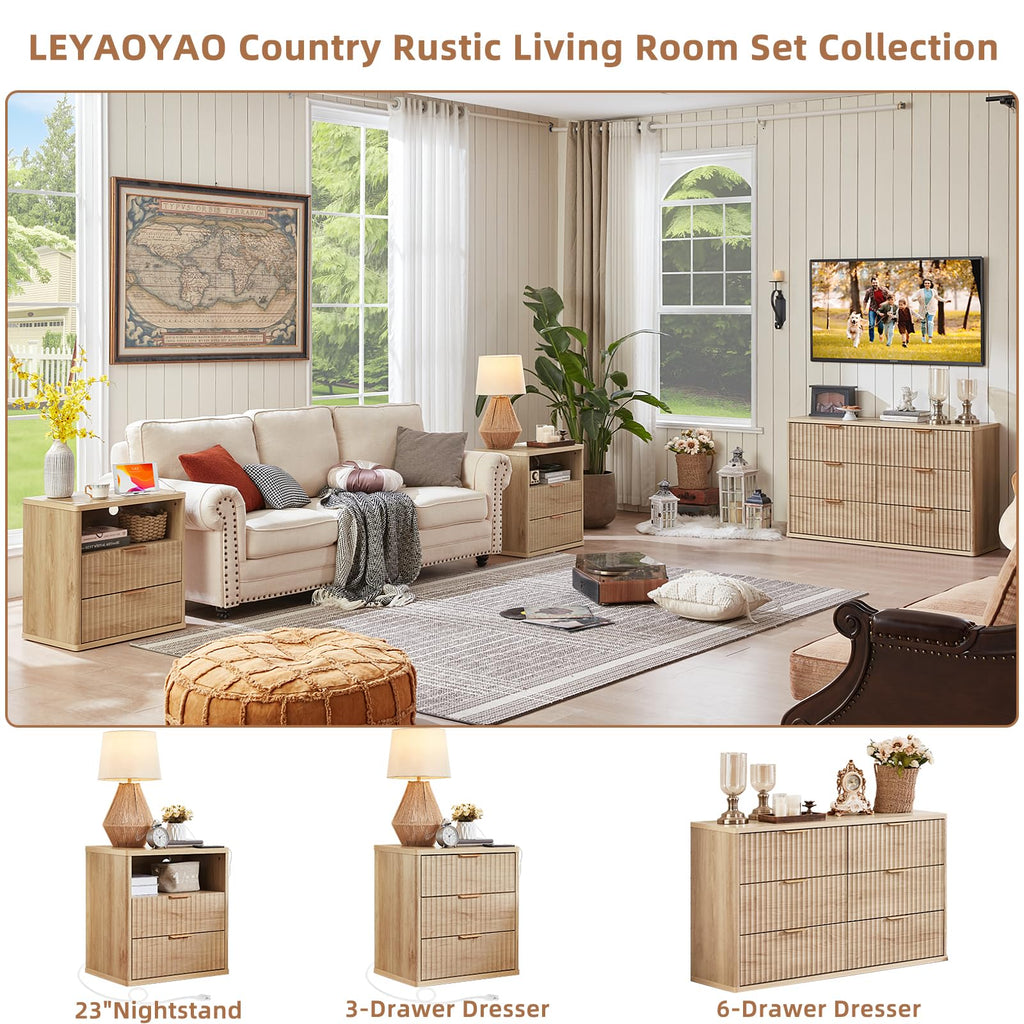 LEYAOYAO 48" Wide Fluted Dresser and 1 Drawers 23" Nightstand Set of 2, Wooden Dresser & Night Stand with Charging Station, 3 Piece Bedroom Furniture Set, Chest of Drawer for Living Room,Antique White