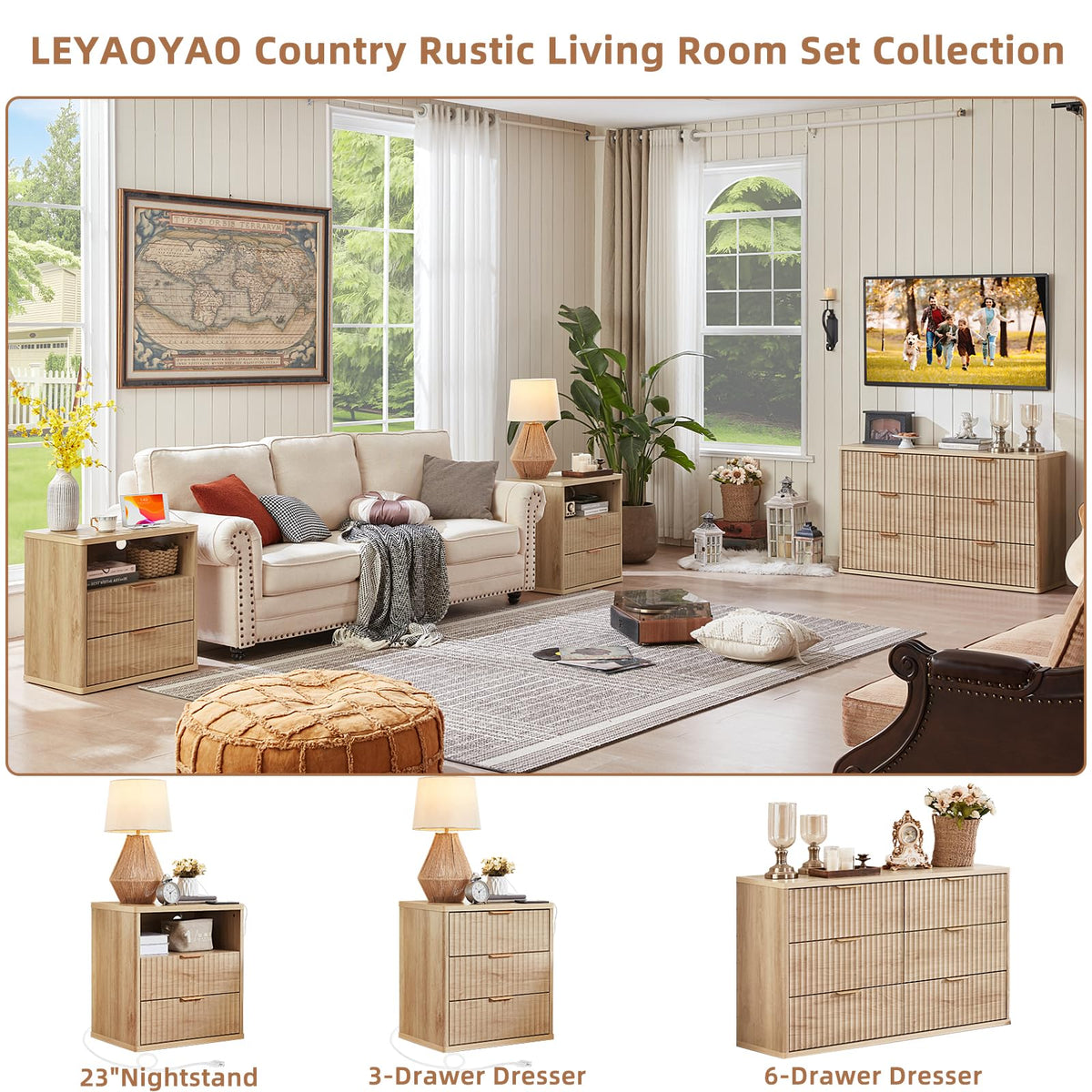 LEYAOYAO 48" Wide Fluted Dresser and 1 Drawers 23" Nightstand Set of 2, Wooden Dresser & Night Stand with Charging Station, 3 Piece Bedroom Furniture Set, Chest of Drawer for Living Room,Antique White