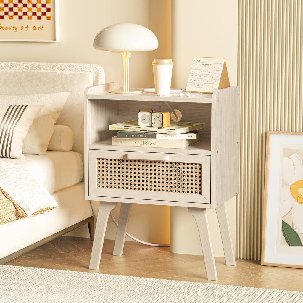 Lerliuo Rattan Nightstand with Charging Station, Boho Night Stand