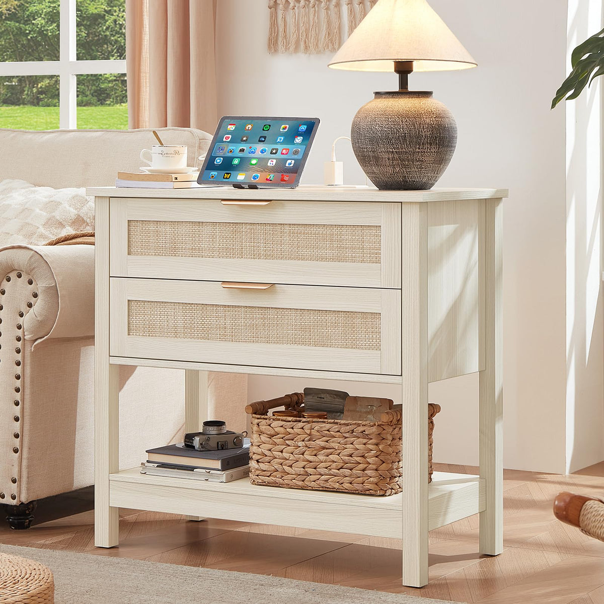 Lerliuo 31.5" Wide Rattan Nightstand,Oversized Large Boho Night Stand with 2 Drawers, 30" Tall Grey White Bedside Table with Storage Shelf, Bed Side End Tables for Bedroom, Living Room, Hallway
