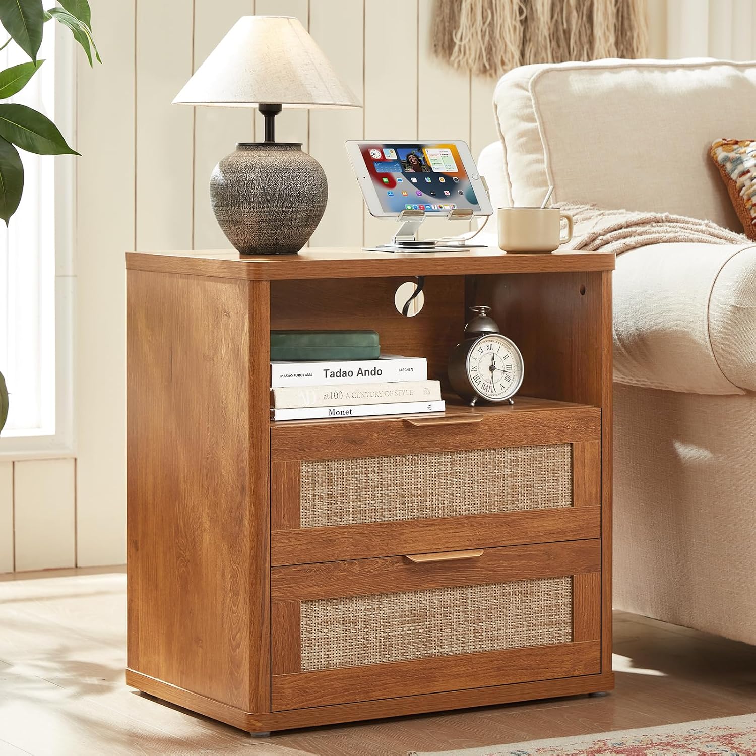 LEYAOYAO Rattan 23" Nightstands with Charger Station 2 Drawers