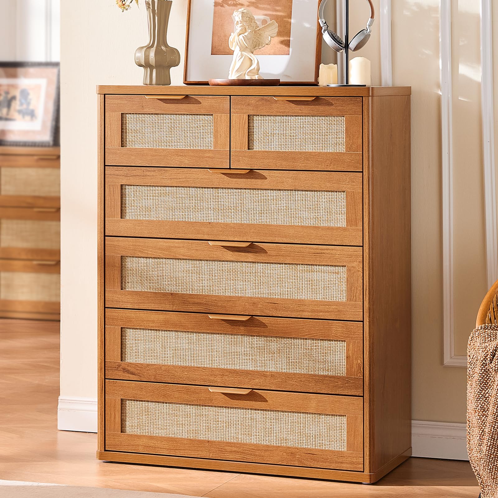 LEYAOYAO Rattan Dressers & Night Stand Set of 3, Boho Wood 48" Wide Dresser & 41"Tall Chest of Drawers, 23" with Charging Station Nightstand, Bedroom Furniture Dresser Set for Home Living Room Hallway