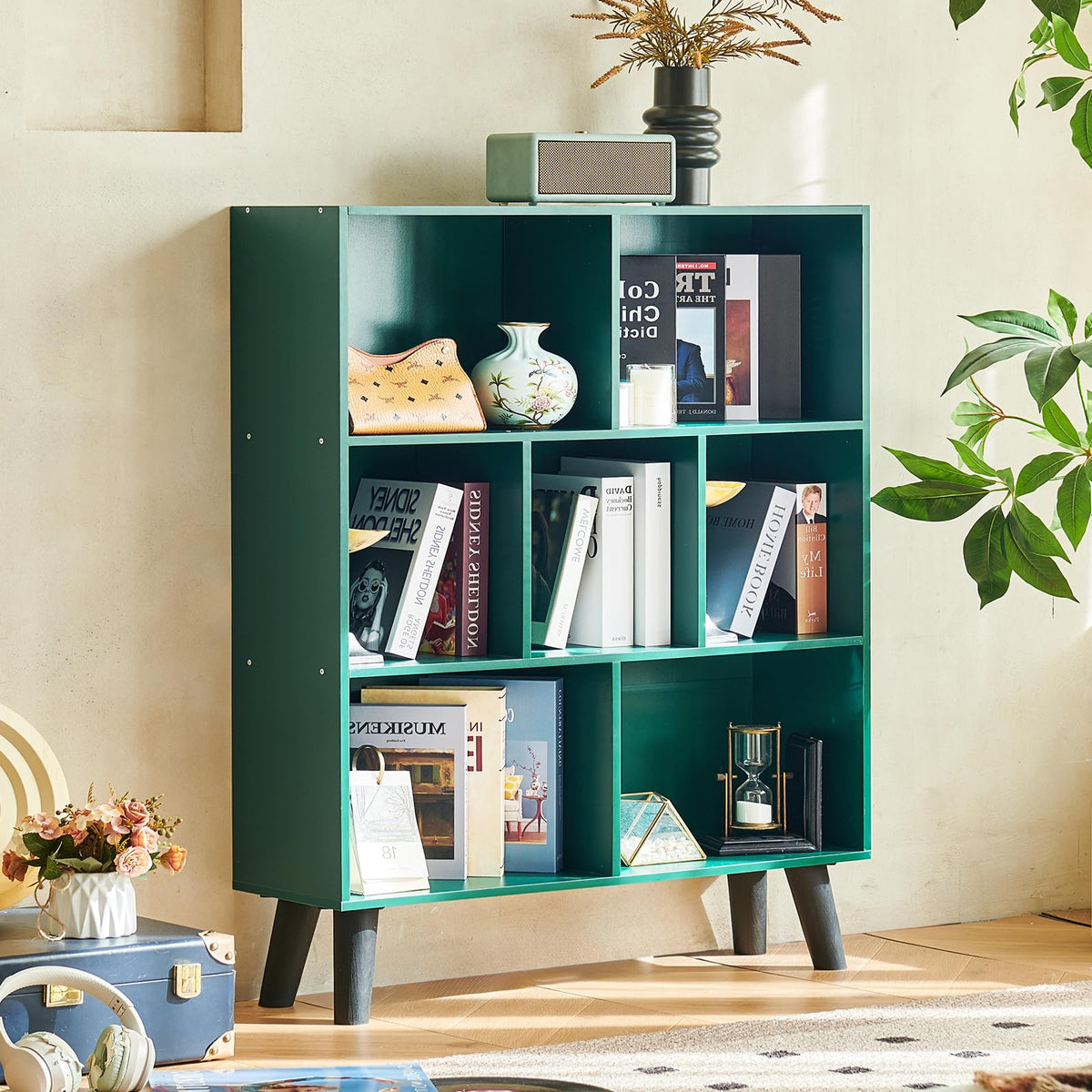 LEYAOYAO 7 Cube Bookshelf, Mid-Century Modern Bookcase Legs,Black Wooden Book Shelves, Wood 3-Tier Freestanding Storage Organizer Display Shelf for Bedroom,Living Room,Office