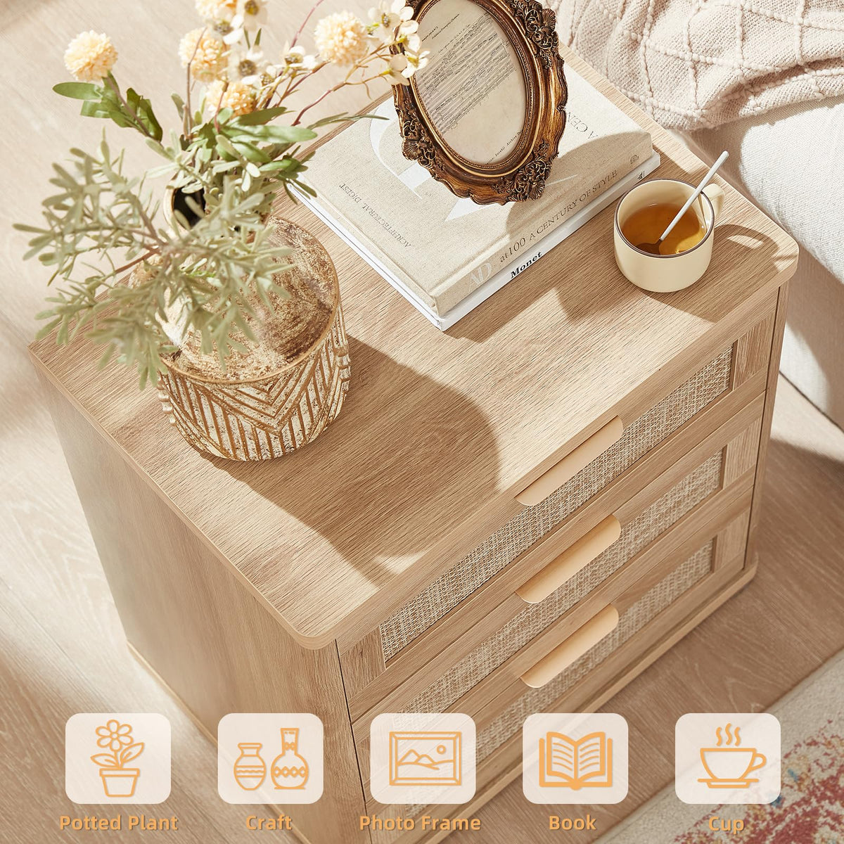 LEYAOYAO Rattan Dresser and Nightstand Set of 3, Boho Wood Dresser for Bedroom with 6 Drawers and Night Stand with Charging Station, Bedroom Furniture, Dressers & Chests of Drawers,Hallway,Living Room