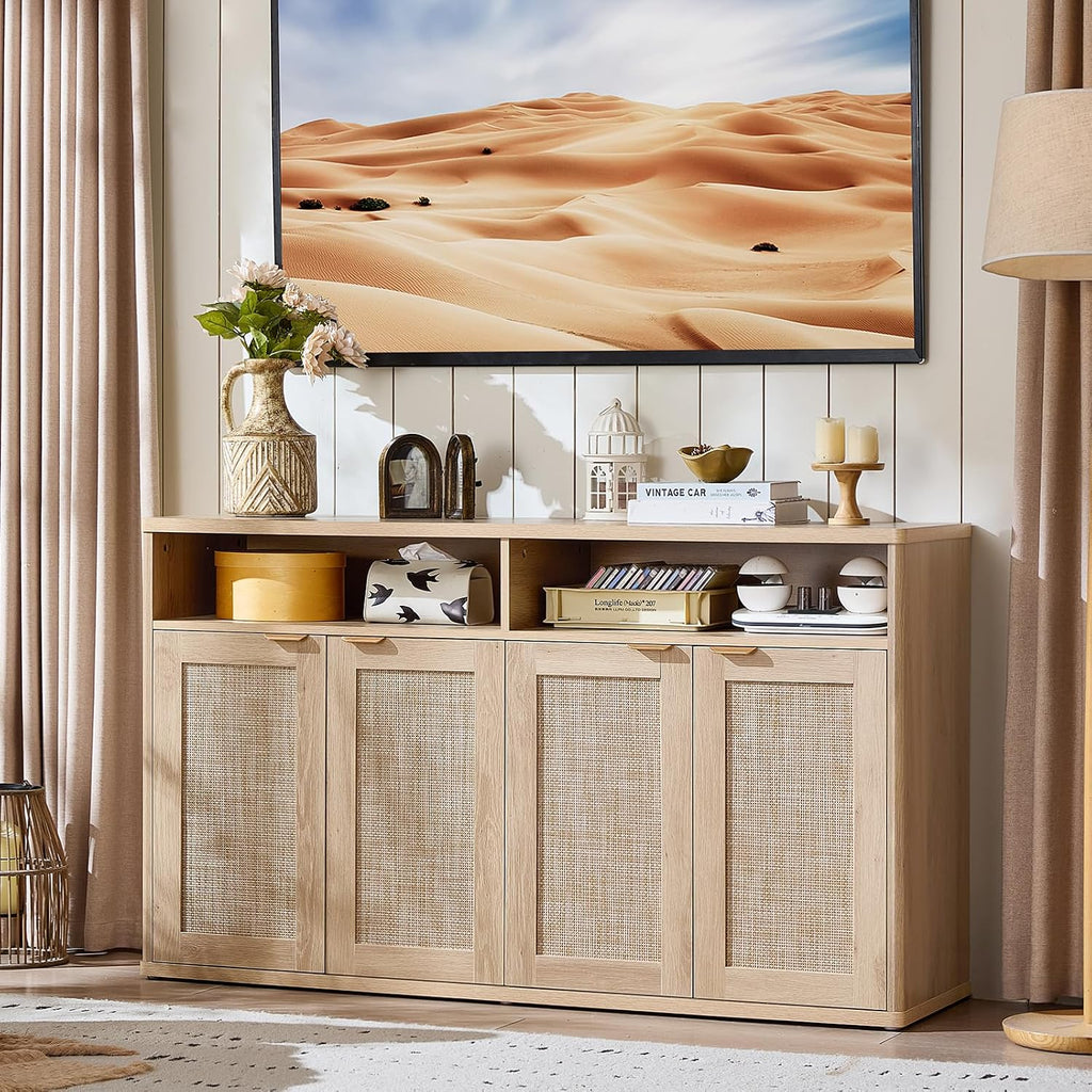 LEYAOYAO Rattan Sideboard Buffet Cabinet,55" Coffee Bar Cabinet with 4 Doors & Open Storage Shelf,Modern Credenza Console Table for Living Room Rattan Farmhouse entryway Natural