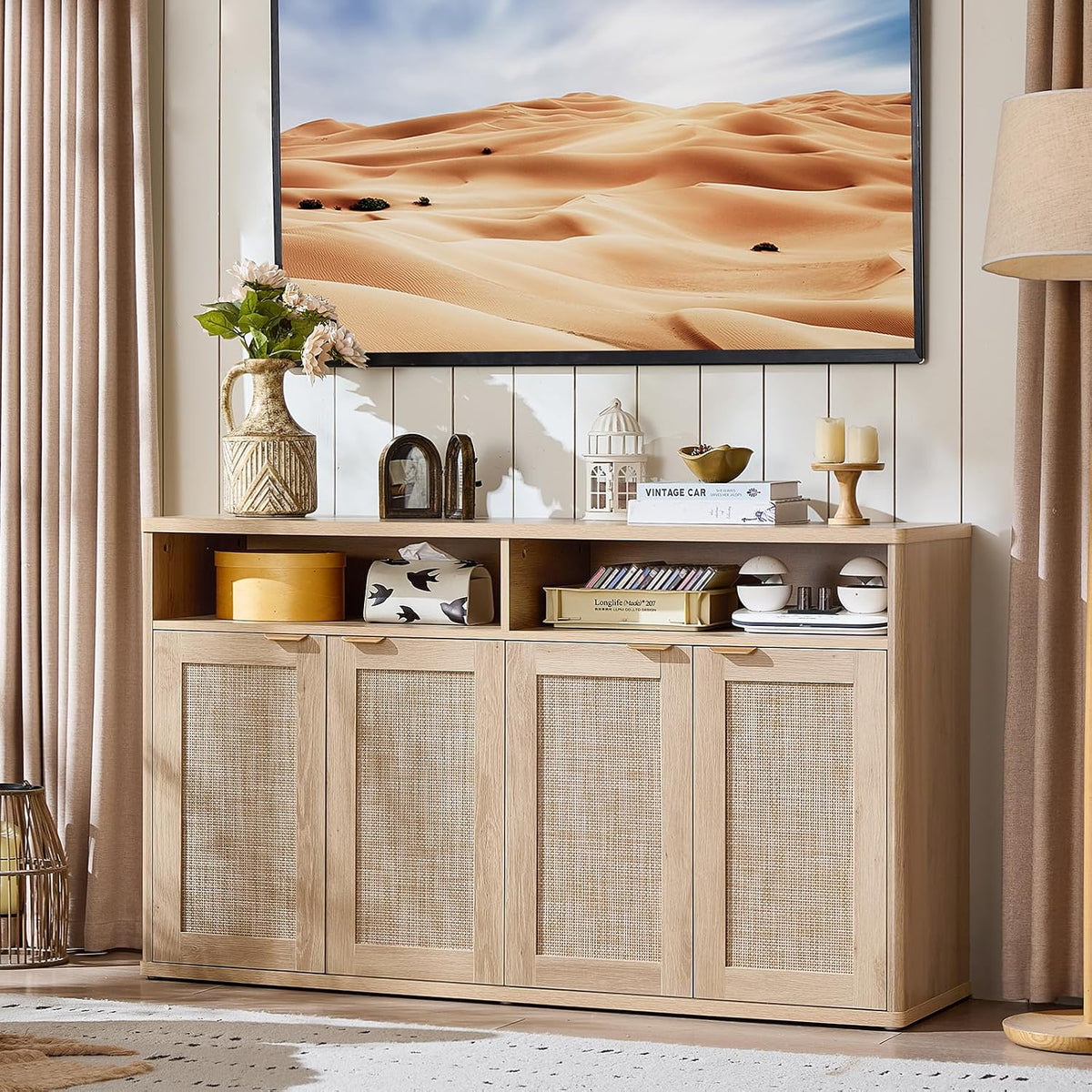 LEYAOYAO Rattan Sideboard Buffet Cabinet,55" Coffee Bar Cabinet with 4 Doors & Open Storage Shelf,Modern Credenza Console Table for Living Room Rattan Farmhouse entryway Natural