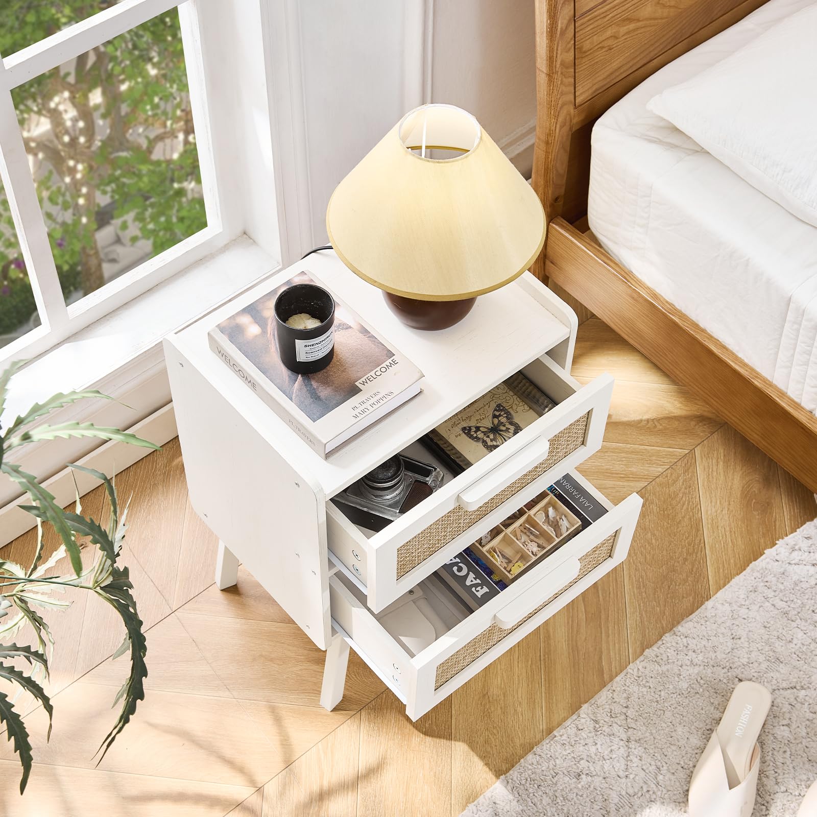 Lerliuo Rattan Nightstands Set of 2 for Bedroom, 2 Drawers