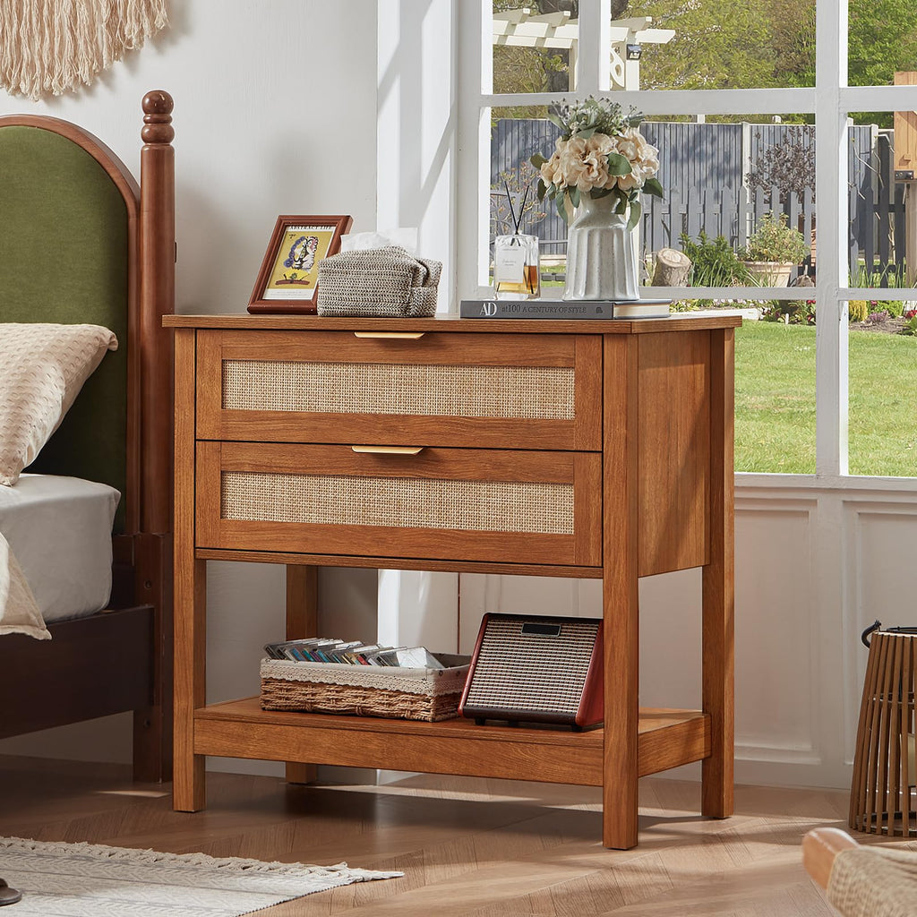 Lerliuo 31.5" Wide Rattan Nightstand,Oversized Large Boho Night Stand with 2 Drawers, 30" Tall Grey White Bedside Table with Storage Shelf, Bed Side End Tables for Bedroom, Living Room, Hallway