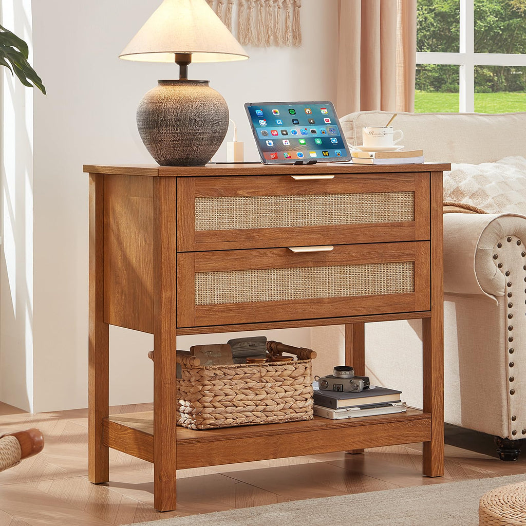 Lerliuo 31.5" Wide Rattan Nightstand,Oversized Large Boho Night Stand with 2 Drawers, 30" Tall Grey White Bedside Table with Storage Shelf, Bed Side End Tables for Bedroom, Living Room, Hallway