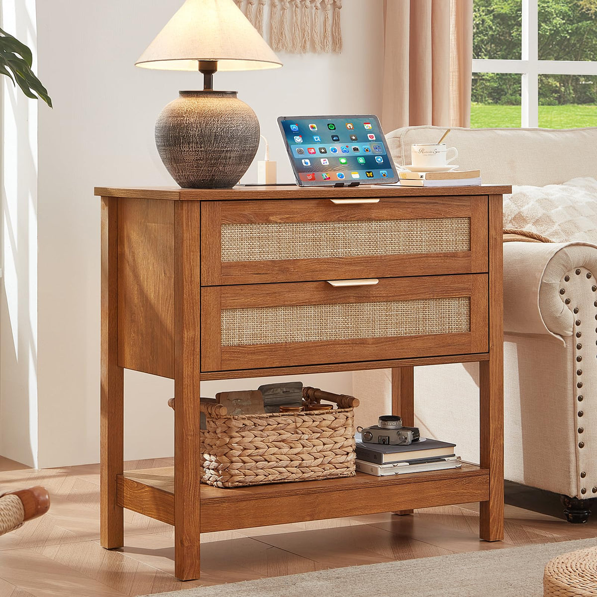 Lerliuo 31.5" Wide Rattan Nightstand,Oversized Large Boho Night Stand with 2 Drawers, 30" Tall Grey White Bedside Table with Storage Shelf, Bed Side End Tables for Bedroom, Living Room, Hallway