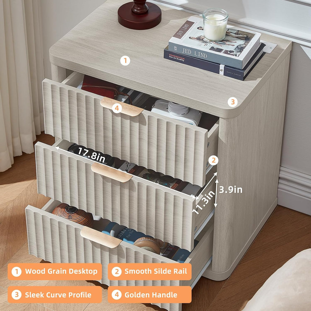 LEYAOYAO 23" Wide Fluted Night Stand with Charging Station, 3 Drawers Large End Table with Storage, LightGrey Nightstand Wood Bedside Tables, Farmhouse Cabinet Dresser for Bedroom, Closet