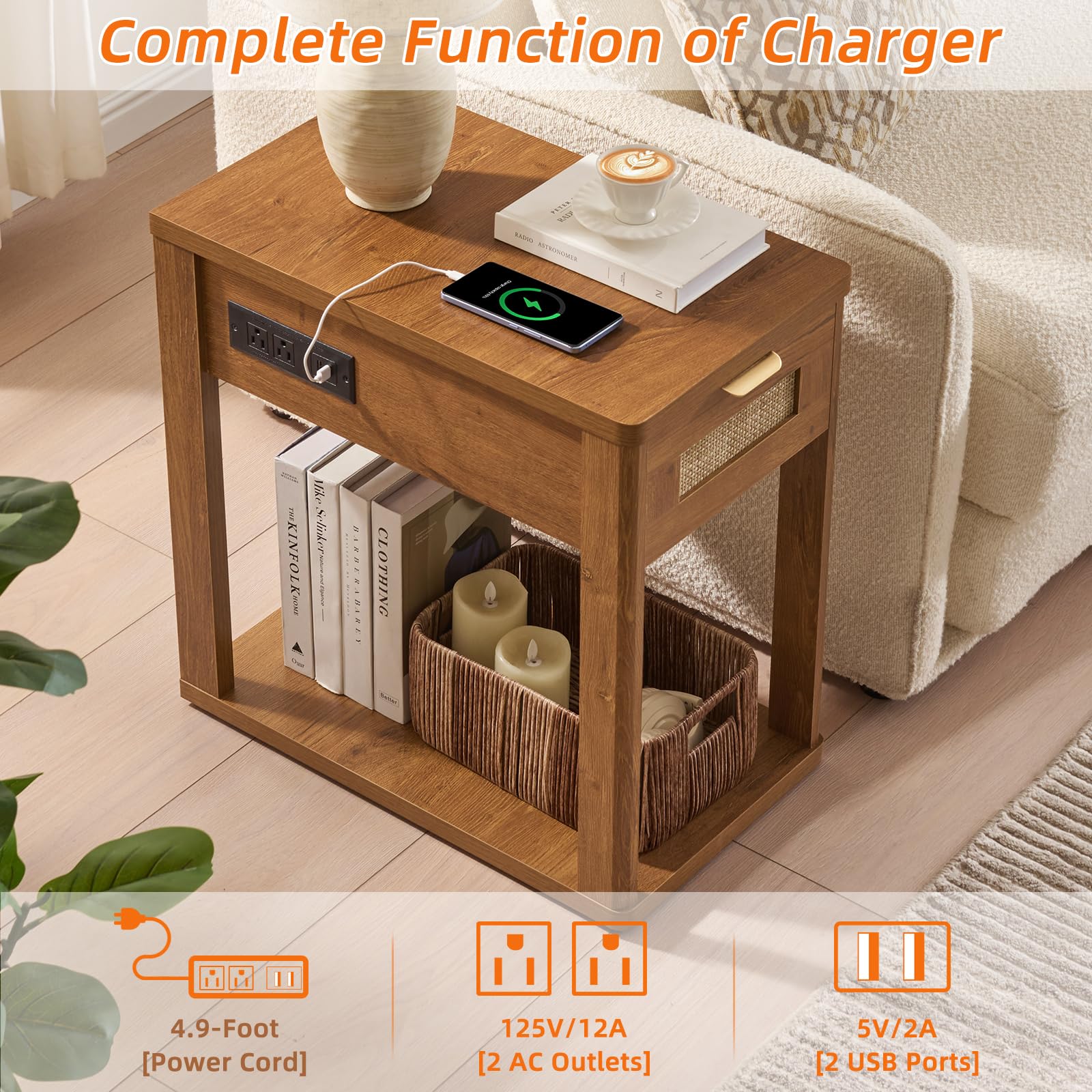 LEYAOYAO Narrow Side Table with Charging Station, Rattan 24 x 14''
