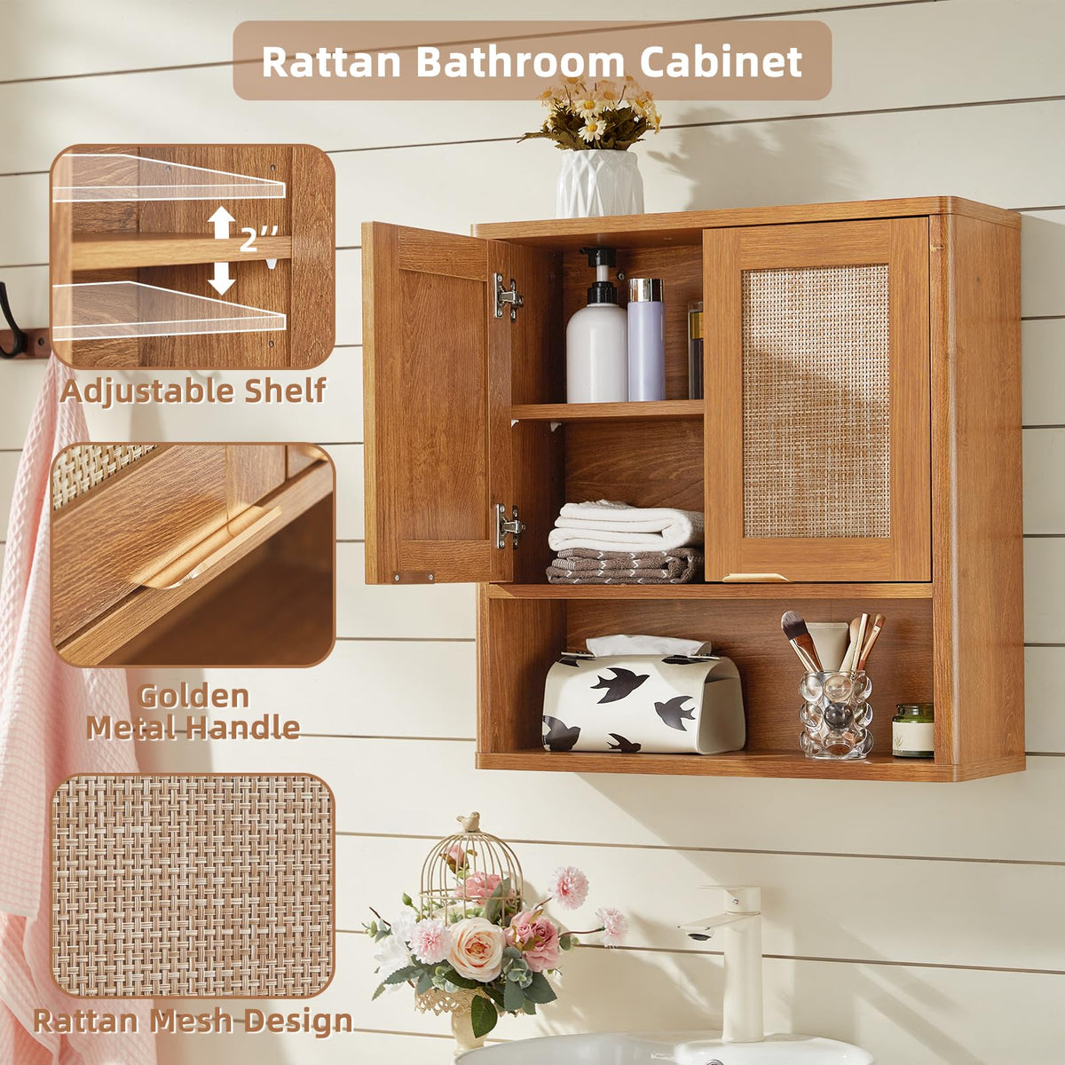 Lerliuo Rattan Bathroom Wall Cabinet, Boho Natural Medicine Cabinet with Adjustable Wood Shelf, 2 Doors Over The Toilet Storage Cabinets for Laundry Room, Kitchen, Living Room