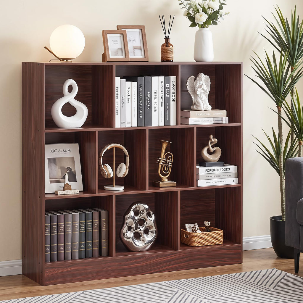 LEYAOYAO 7 Cube Bookshelf with Base,3 Tier Mid-Century Modern Blue Bookcase,Standing Wide Bookshelves Storage Organizer Shelf,Rustic Wood Display Cabinet Book Shelves for Bedroom,Living Room,Office