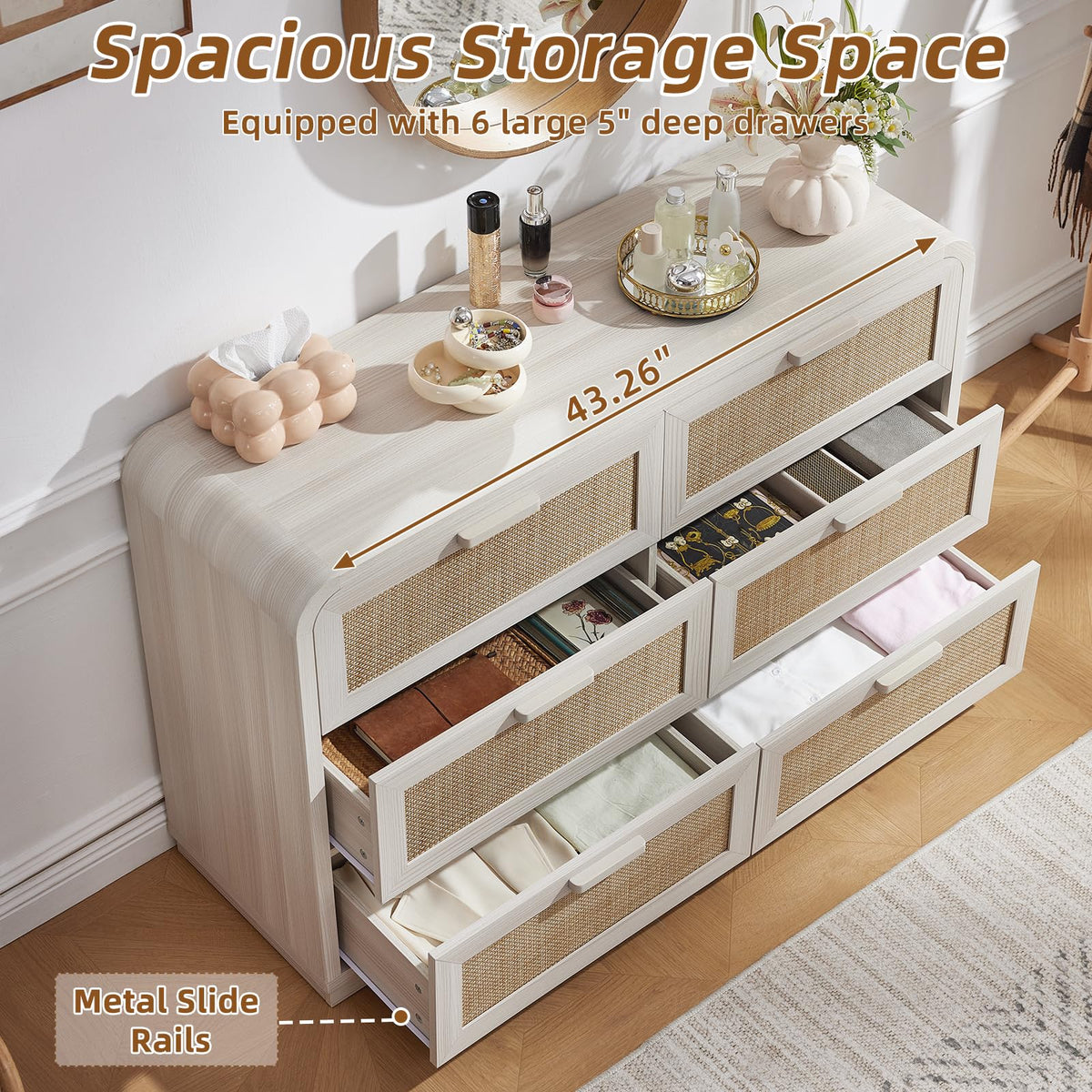 LEYAOYAO Curved Boho Dresser & Nightstand Set of 3, Natural Wood