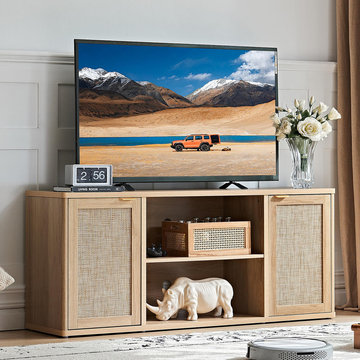 LEYAOYAO Rattan TV Stands for Living Room, Walnut
