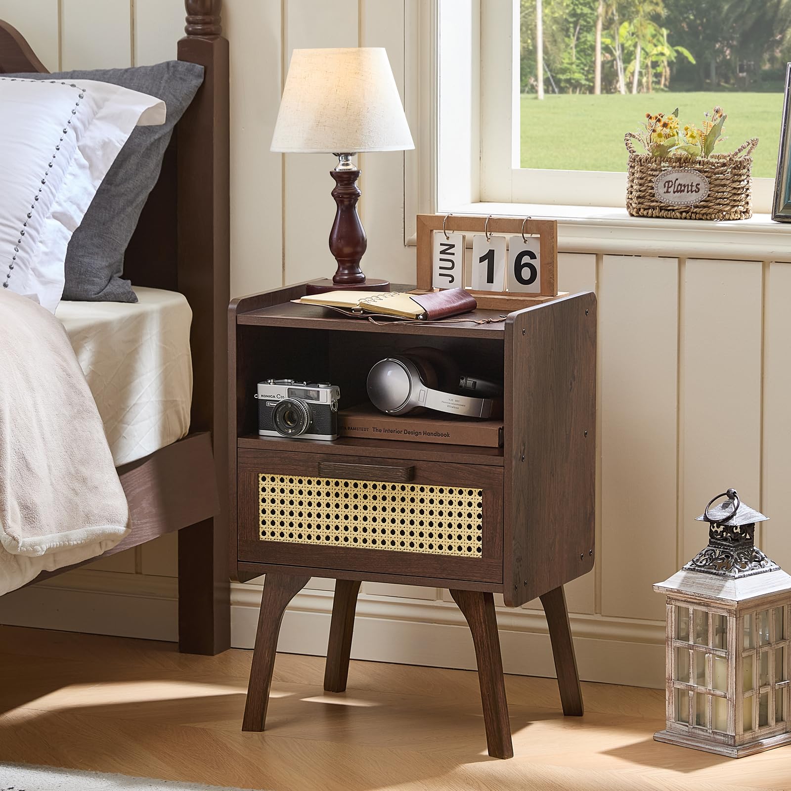 Lerliuo Rattan Nightstand, Boho Side Table with Drawer Open Shelf