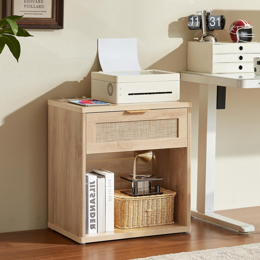 Lerliuo Rattan NightStand with Charger Station, 23" Wide Boho Bedside Table with Drawers, Natural Wood Night Stand Open Storage Cabinet, Bed Side End Table Dresser for Living Room, Hallway, Bedroom