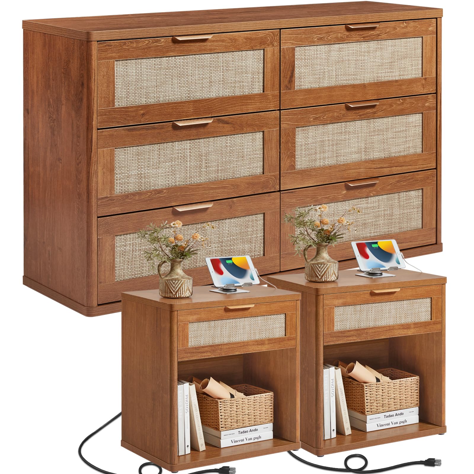 LEYAOYAO Rattan Dresser and Nightstand Sets 3 Piece, Natural