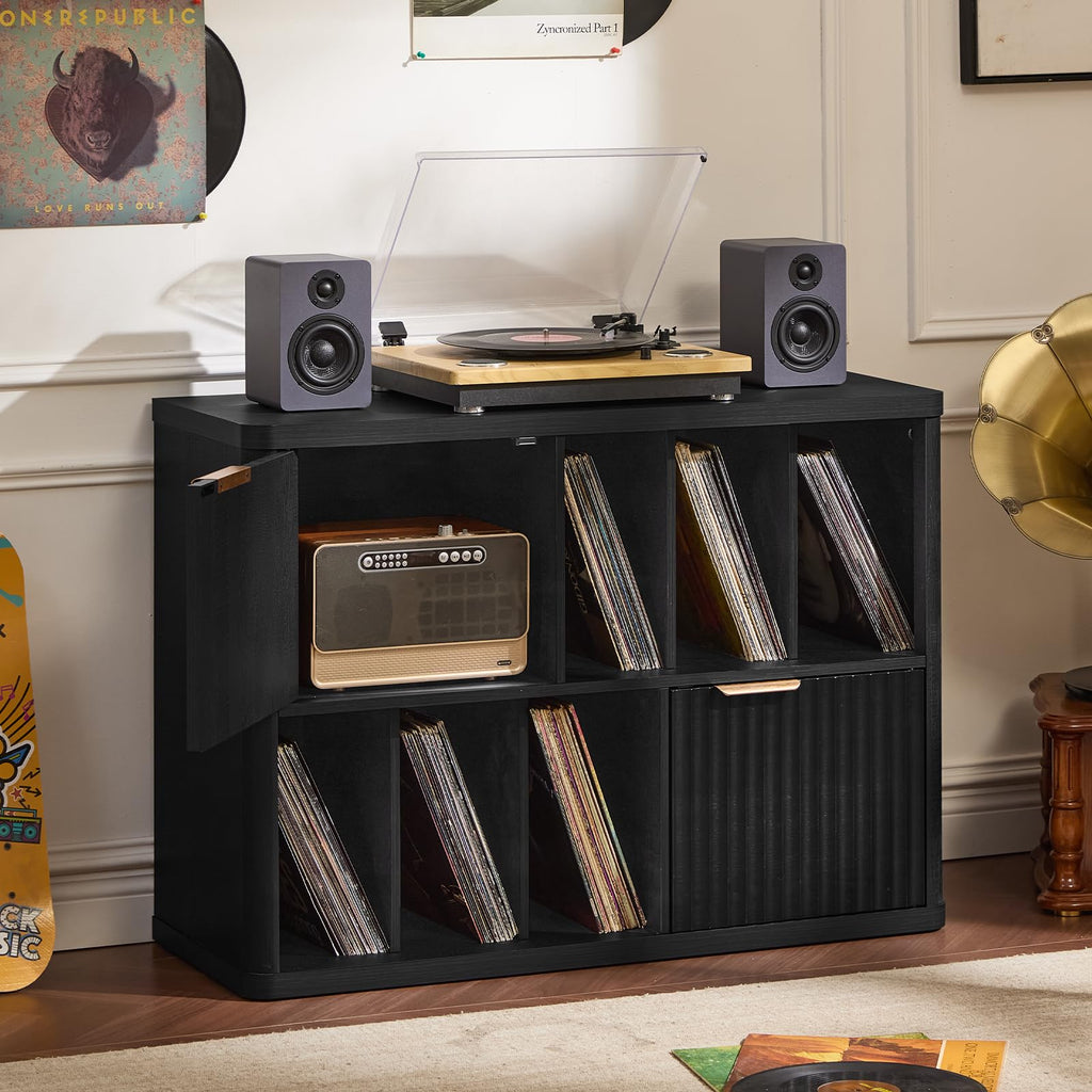 LEYAOYAO Large Record Player Stand with Vinyl Storage Up to 450 Albums, Wood Fluted Record Storage Accent Cabinet, Modern Stereo Media Cabinets, Wide Turntable Stand for Living Room, Antique White