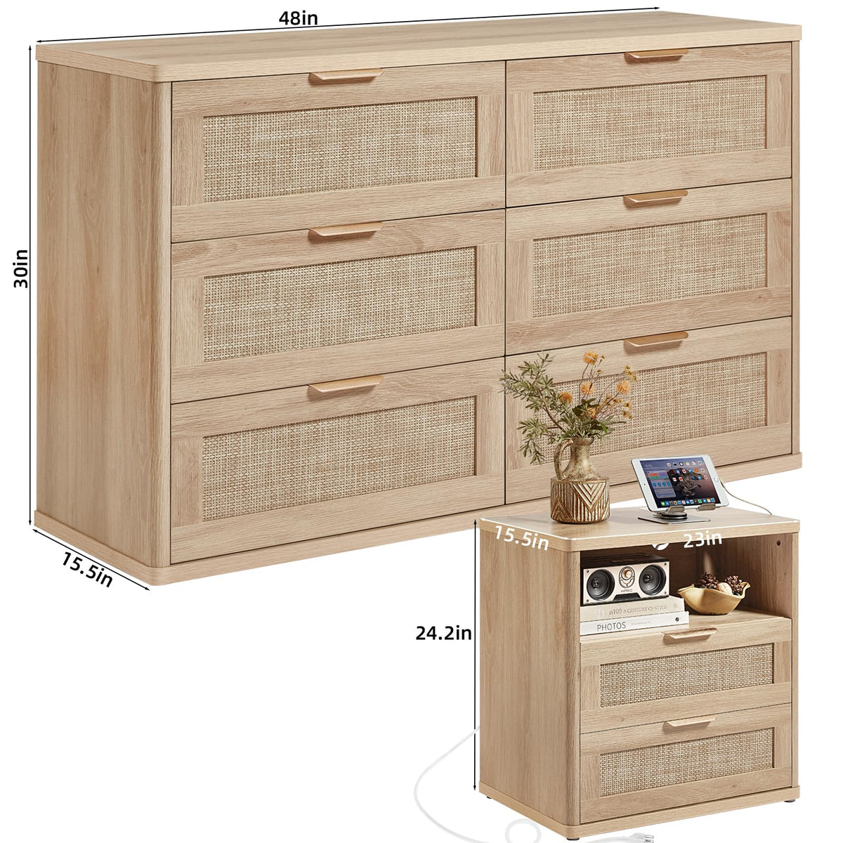 LEYAOYAO Rattan Dresser and Nightstand Sets 3 Piece, Natural