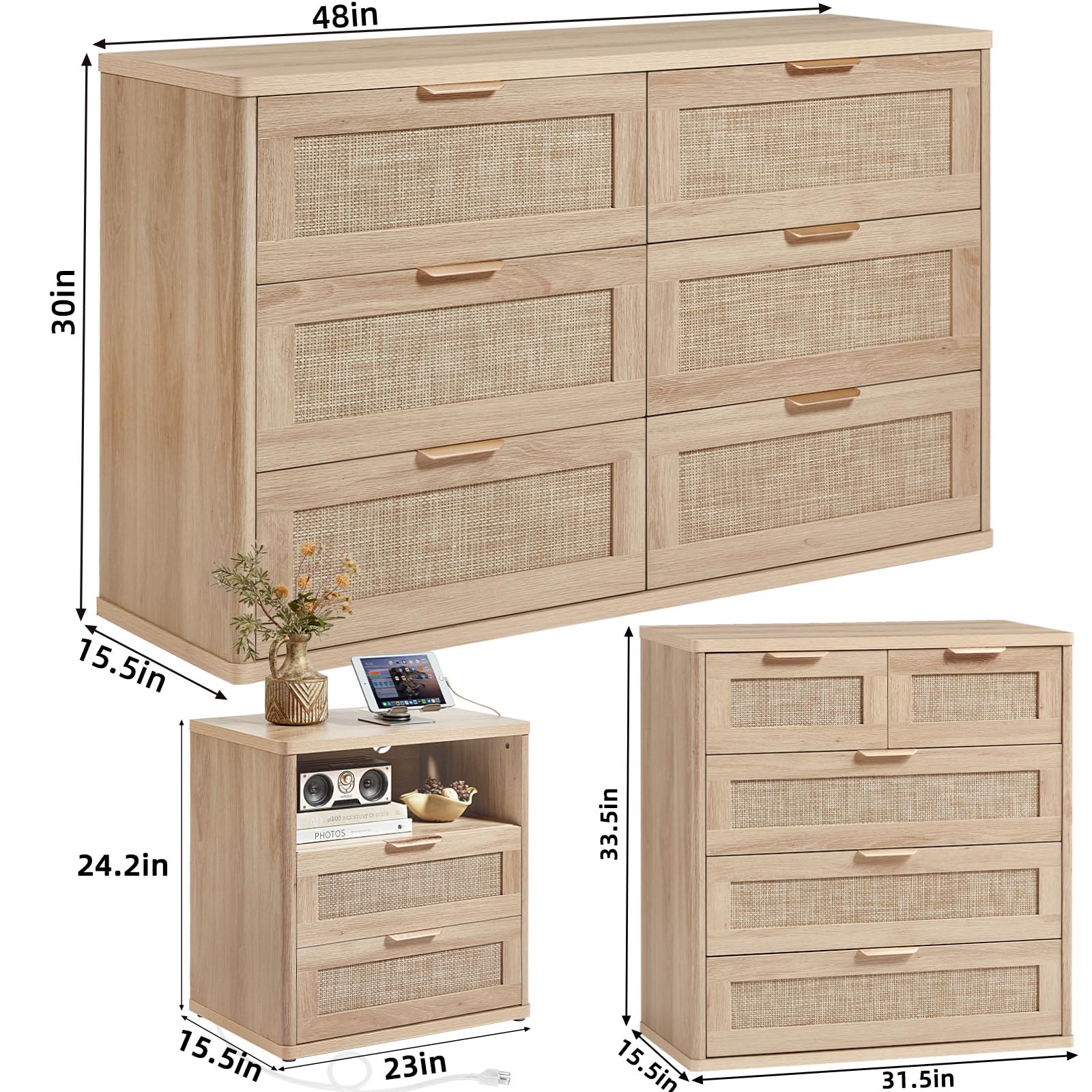 LEYAOYAO Rattan Dresser and Nightstand Sets 4 Piece, Boho Wood Dresser for Bedroom with 6 Drawers and Night Stand with Charging Station, Bedroom Furniture, Dressers & Chests of Drawers, Hallway