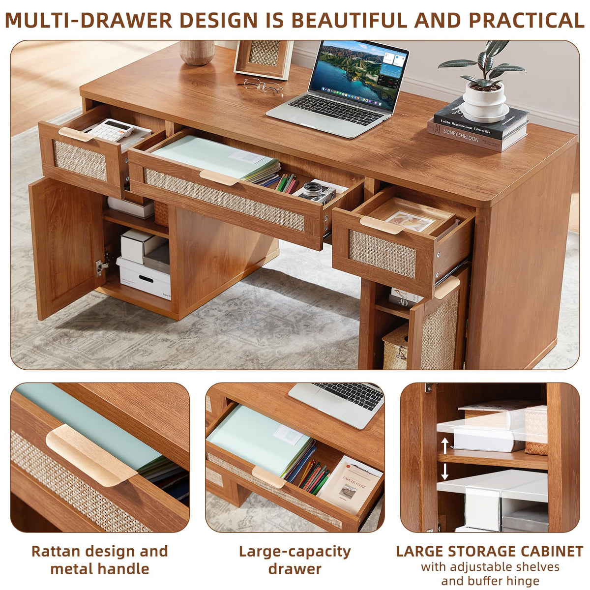 LEYAOYAO Office Desk 56" with 5 Drawers Storage File Cabinet, Natural