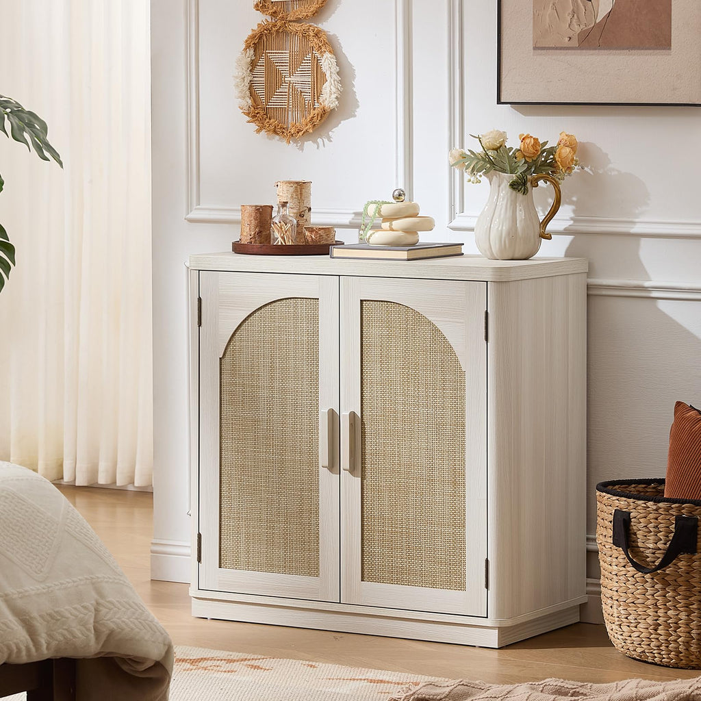LEYAOYAO Rattan Sideboard Buffet Cabinet with Storage, 31.5" Coffee Bar Cabinet with Arch Doors & Adjustable Shelves, Wood Credenza, Boho Accent Cabinet for Kitchen, Living Room, Natural