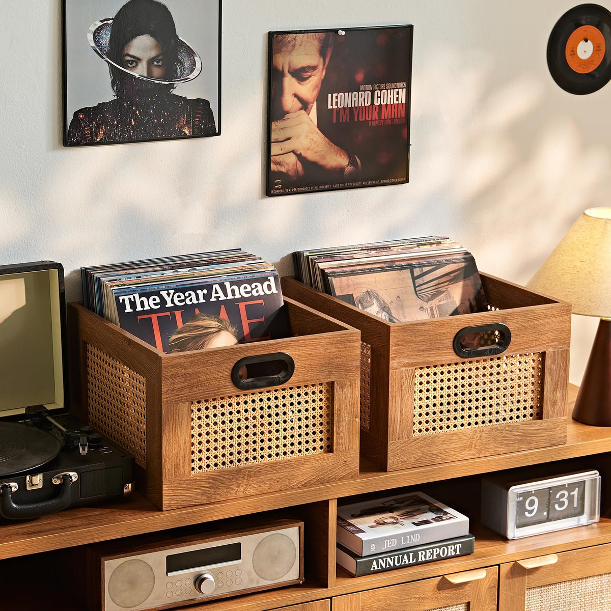 LEYAOYAO Vinyl Record Storage, Rattan Record Crate for Vinyl Albums Holder