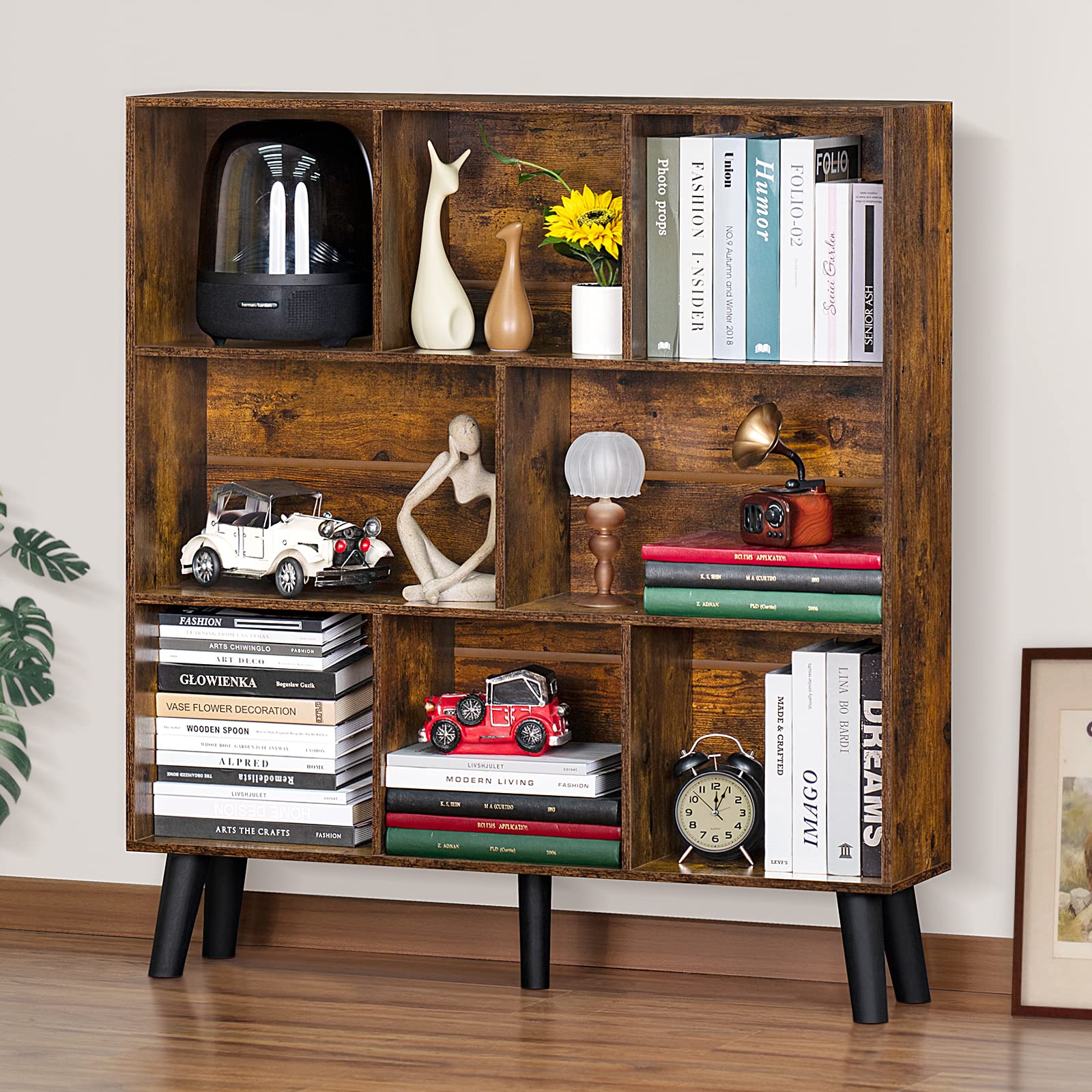 LEYAOYAO Cube Bookshelf, Mid-Century Modern Book Shelf with Legs, Brown