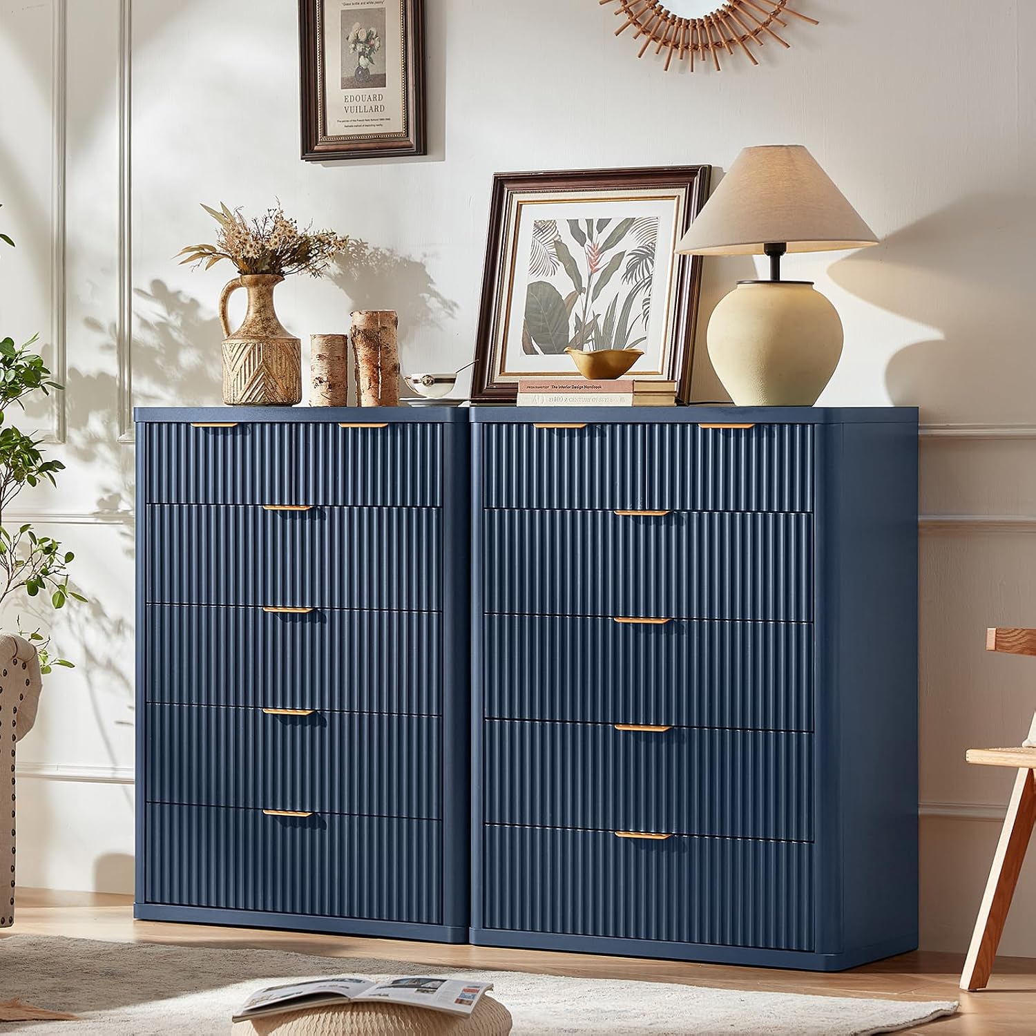 LEYAOYAO Fluted 6 Drawers Dresser for Bedroom Set of 2, 42" Tall Modern Chest of Drawers with Metal Handle, Curved Profile Design,Wood Drawer Organizer for Bedroom, Living Room, Hallway,Blue