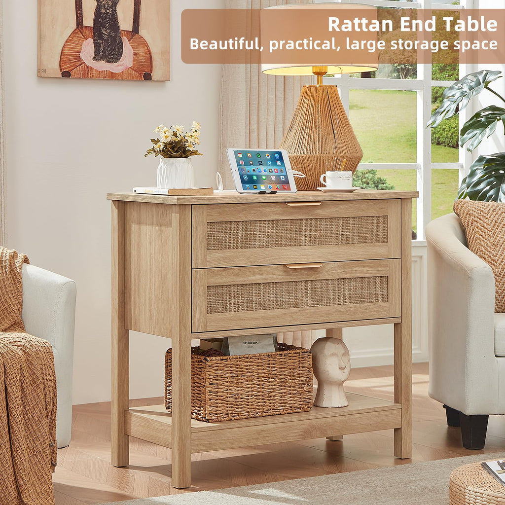 LEYAOYAO 26.8" Wide Rattan Nightstands Set of 2, Large Boho Night Stand
