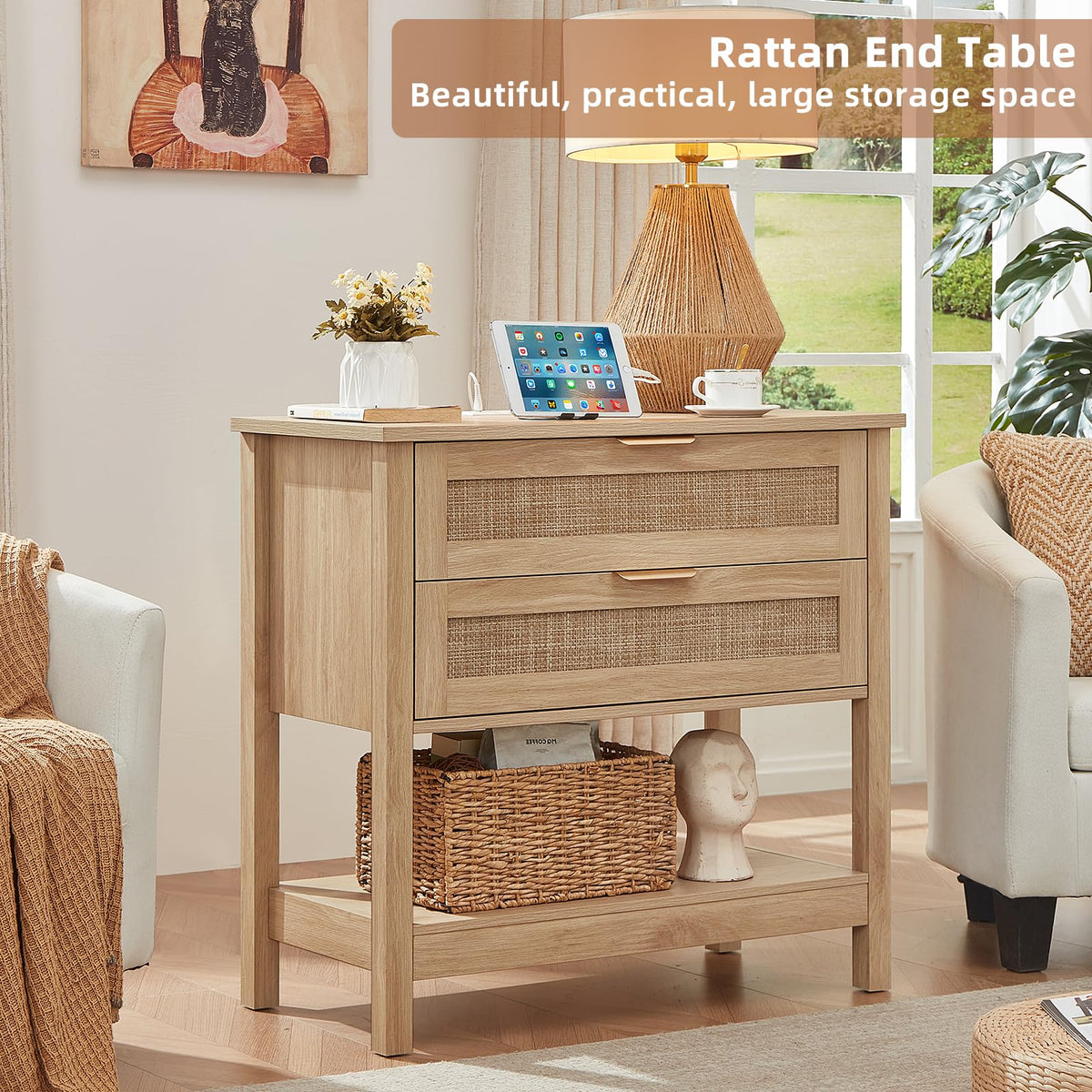 LEYAOYAO 26.8" Wide Rattan Nightstands Set of 2, Large Boho Night Stand