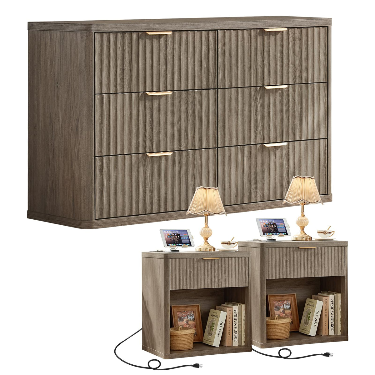 LEYAOYAO 48" Wide Fluted Dresser and 1 Drawers 23" Nightstand Set of 2, Wooden Dresser & Night Stand with Charging Station, 3 Piece Bedroom Furniture Set, Chest of Drawer for Living Room,Antique White