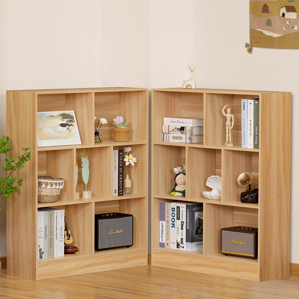 LEYAOYAO 7 Cube Bookshelf with Base,3 Tier Mid-Century Modern Blue Bookcase,Standing Wide Bookshelves Storage Organizer Shelf,Rustic Wood Display Cabinet Book Shelves for Bedroom,Living Room,Office