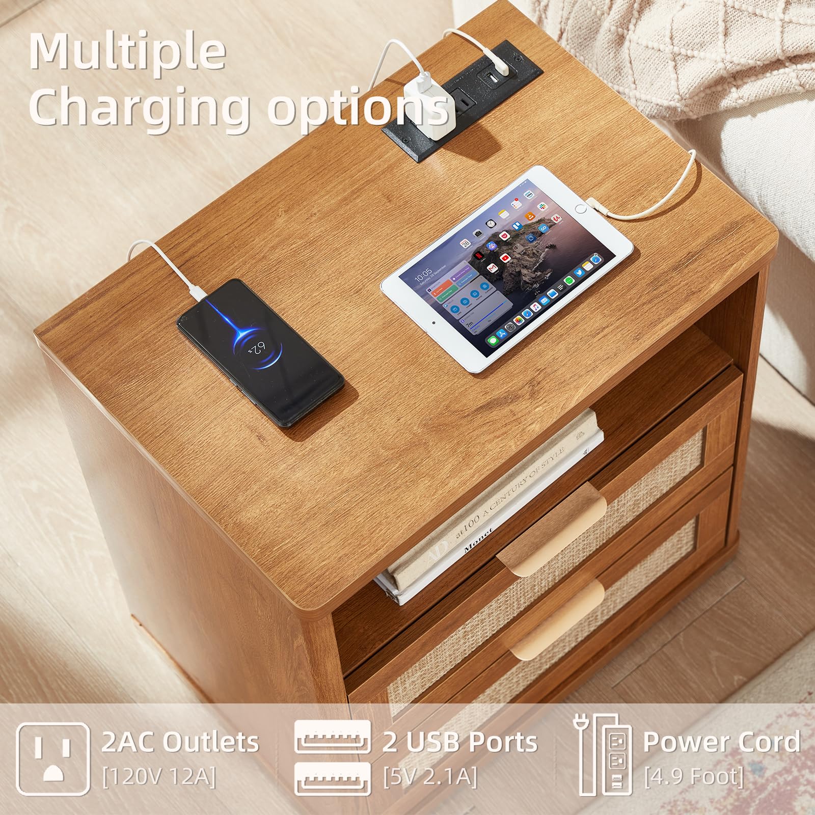 LEYAOYAO Rattan Nightstands Set of 2 with Charging Station, Boho Night Stand Dresser for Bedroom with Drawer, Grey White Bedside Table Open Storage Cabinet, Bed Side End Table, Living Room, Hallway