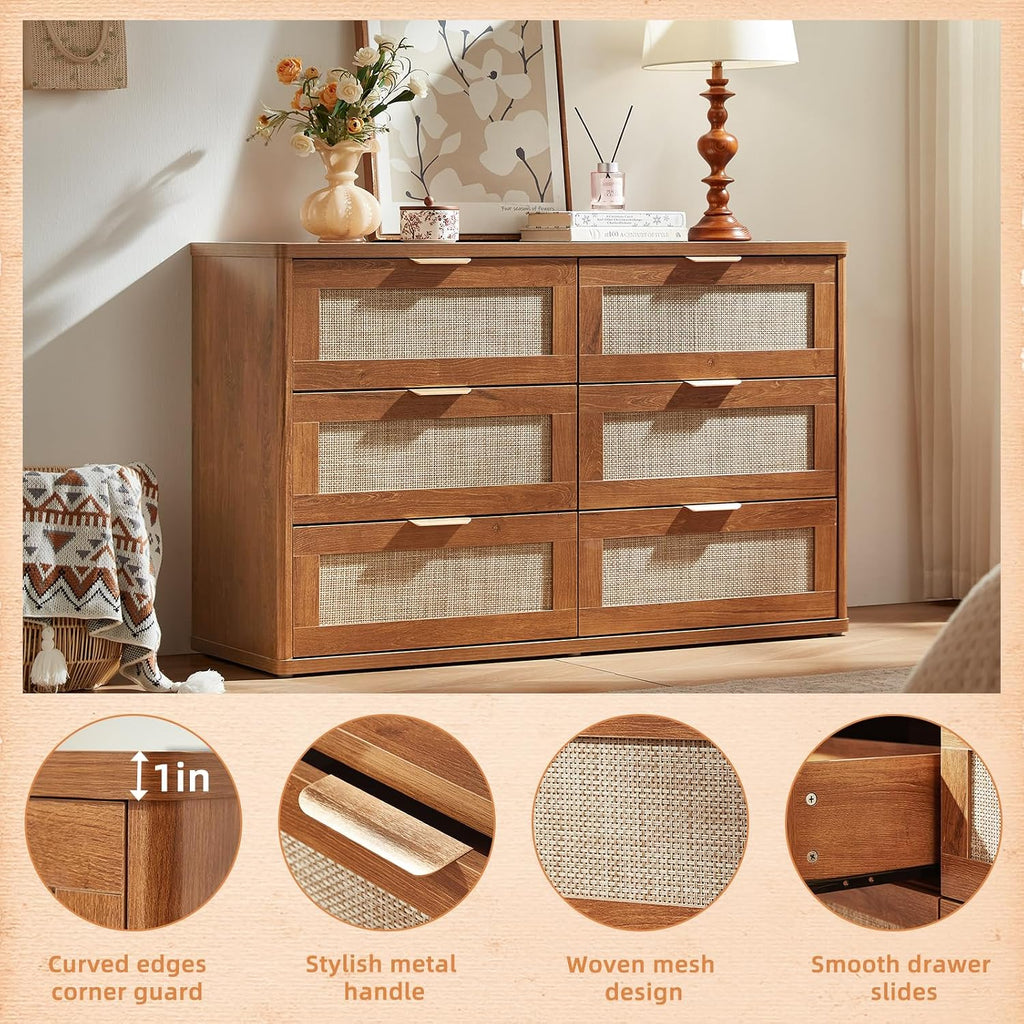 LEYAOYAO Rattan 6 Drawer Dresser for Bedroom, Boho 48" Wide Wooden Dark Dresser Chest of Drawers, Dressers TV Stand with Metal Handle, Storage Dressers Closet Organizer for Living Room, Hallway