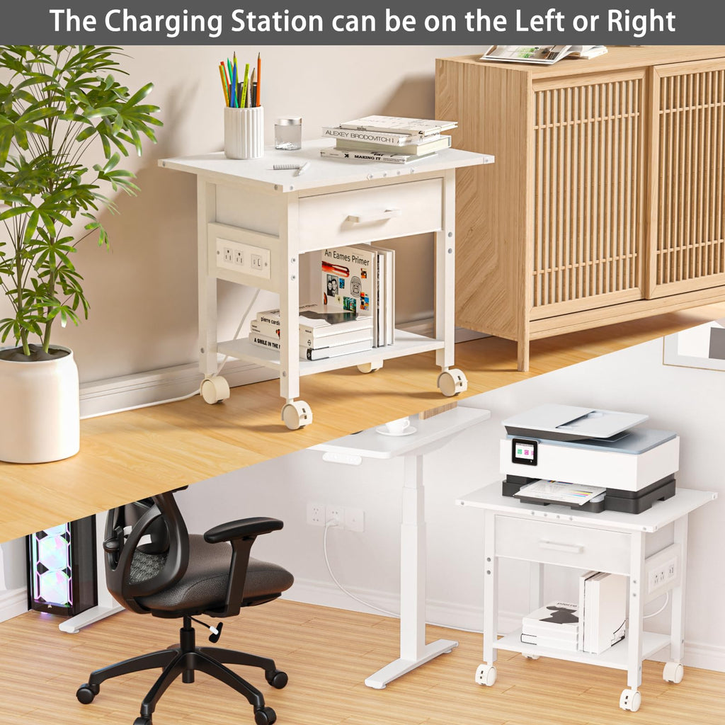 Lerliuo Under Desk Rolling Printer Stand with Drawer, 2-Tier Industrial Mobile Printer Table Desk with Storage Shelf and Steel Frame, Printer Cart Holder with Lockable Wheels for Home, Office (Brown)