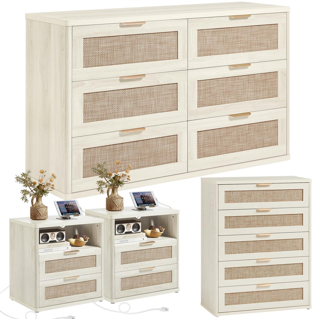 LEYAOYAO Rattan Dresser and Nightstand Sets 4 Piece, Grey White